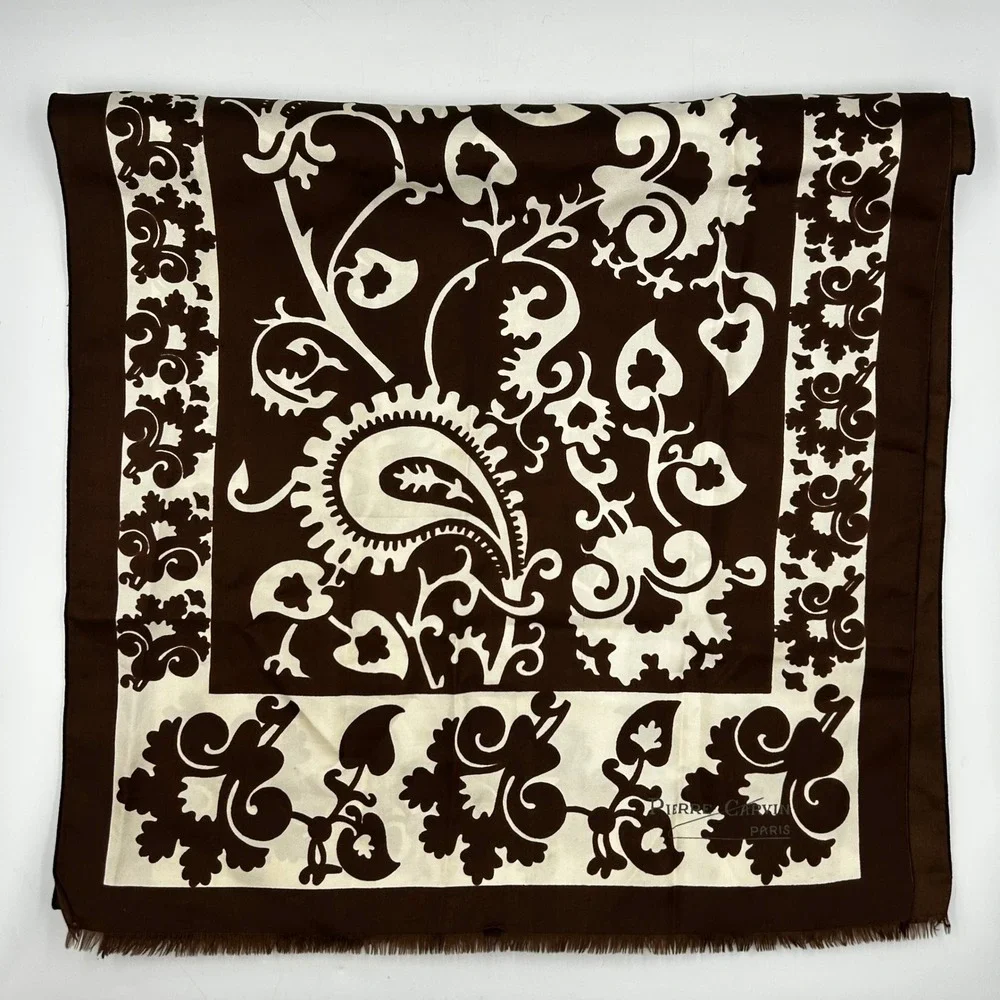 Pierre Carvin Scarf Brown Womens Paisley Floral Damask Fringe Paris 68x17 in
